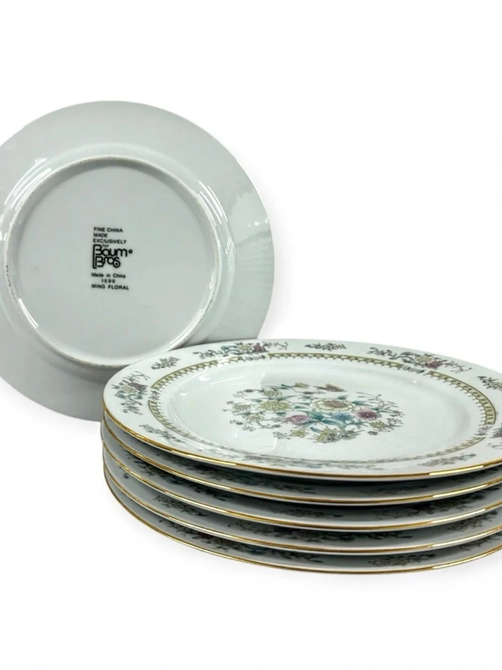 Baum Bros Ming Floral Set of 6 Dinner Plates 10.5” Fine China Gold Trim